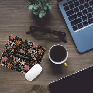 Pattern  pink watercolor botanical black mouse pad