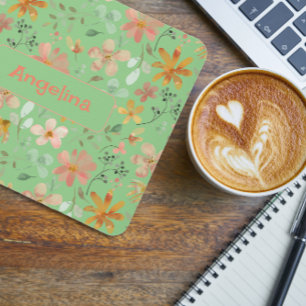 Pattern  pink watercolor botanical green mouse pad