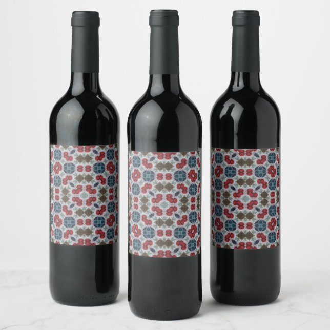 Pattern Red, Blue, Green on Grey Cosy Red Wine Wine Label (Bottles)