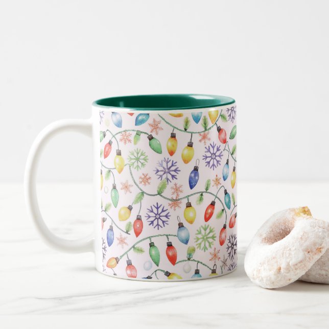 Pattern Retro Christmas Lights Two-Tone Coffee Mug (With Donut)