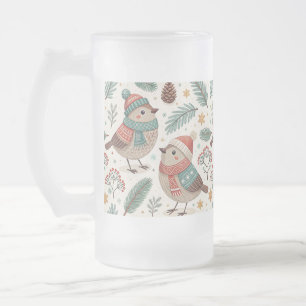 Pattern Scandinavian Christmas Birds Frosted Glass Beer Mug