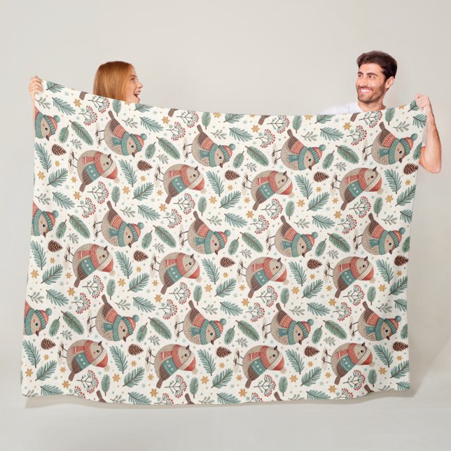 Pattern Scandinavian Holiday Birds Fleece Blanket (In Situ)