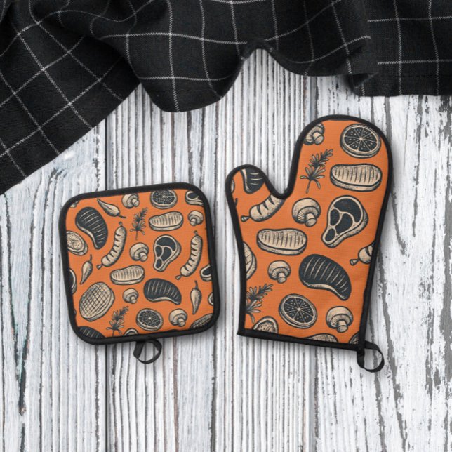 Pattern Seamless Barbecue BBQ Beef Textured Oven Mitt & Pot Holder Set (Creator Uploaded)