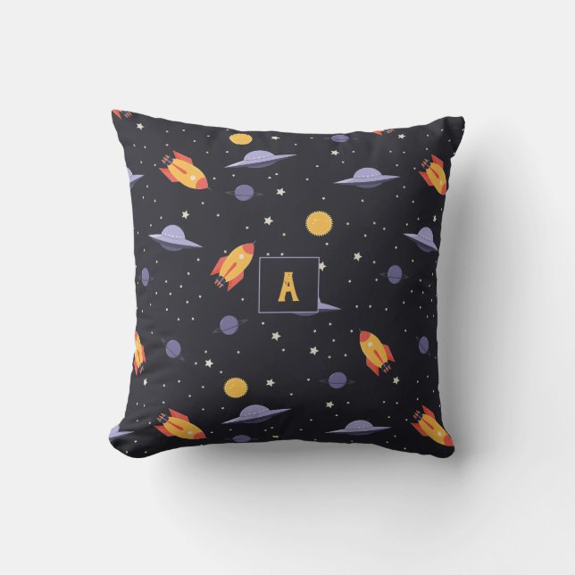 Pattern space lavender orange black monogram cushion (Front)
