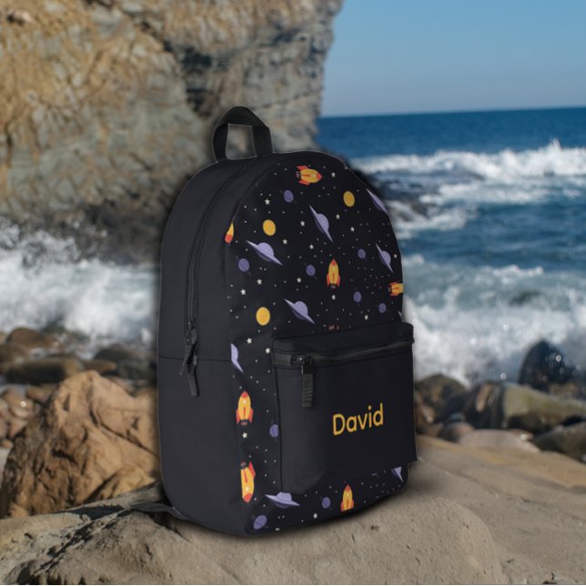 Pattern space lavender orange black name printed backpack (Creator Uploaded)