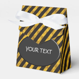 Pattern - stripes gold - black button + your text favour box