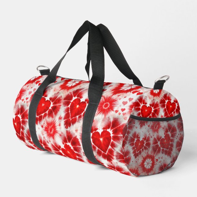 Pattern Tie Dye Red Hearts Duffle Bag (Right Corner)