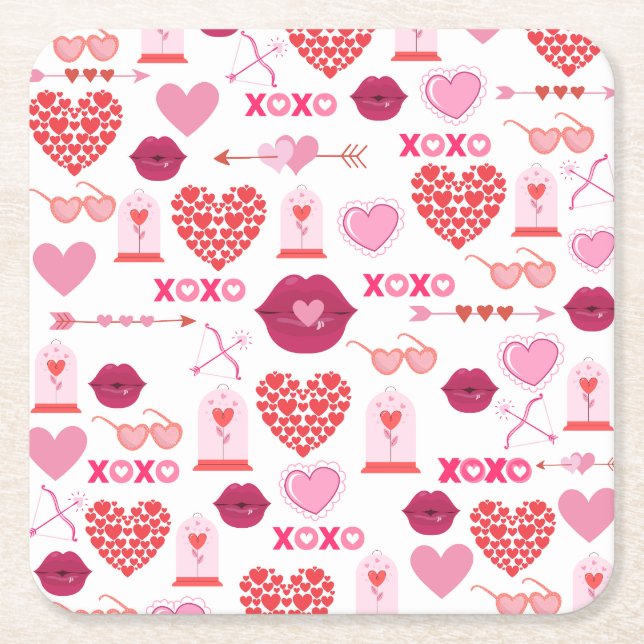 Pattern Valentine`s Day 2023 Background With Heart Square Paper Coaster (Front)