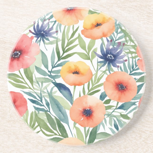 Pattern watercolor flowers coaster (Front)