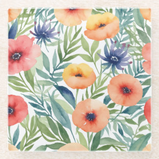 Pattern watercolor flowers glass coaster