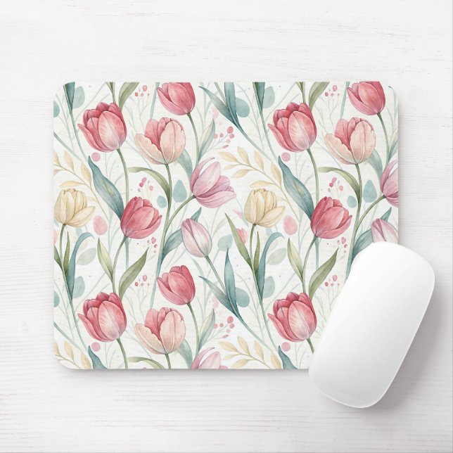 Pattern Watercolor Modern Tulips Mouse Mat (With Mouse)