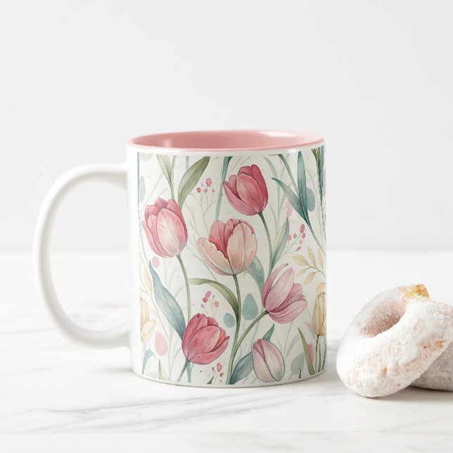 Pattern Watercolor Modern Tulips Two-Tone Coffee Mug (With Donut)