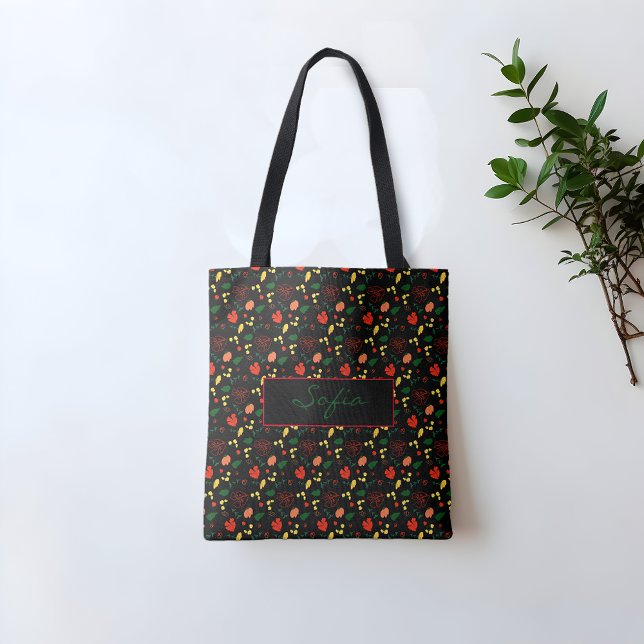 Pattern wildflowers red poppy black tote bag (Creator Uploaded)