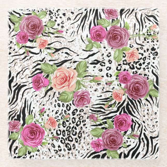 Pattern With Animal Prints Glass Coaster (Front)
