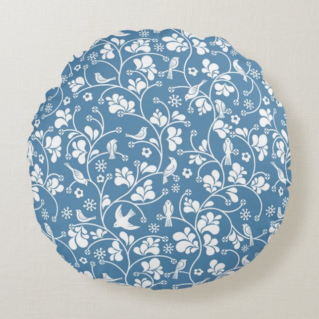 pattern with birds and plants ornament round cushion (Front)