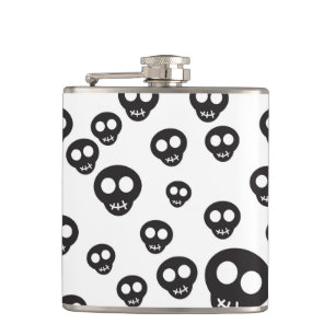 Pattern with black skulls on white hip flask