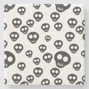 Pattern with black skulls on white stone coaster