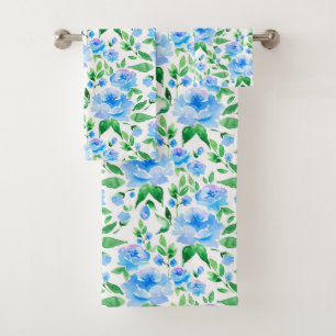 Pattern with blue watercolor flowers bath towel set