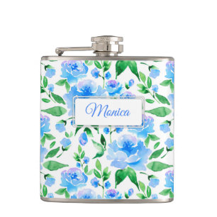 Pattern with blue watercolor flowers hip flask