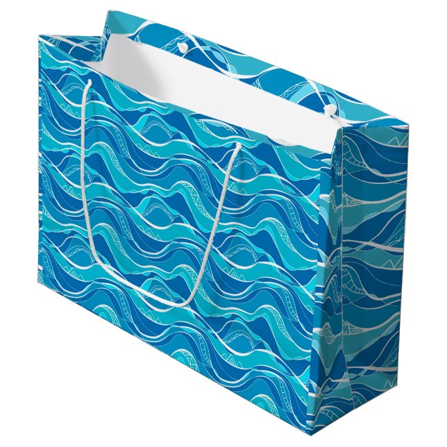 Pattern with blue waves with white tribal pattern  large gift bag (Front Angled)