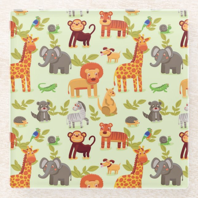 Pattern With Cartoon Animals Glass Coaster (Front)