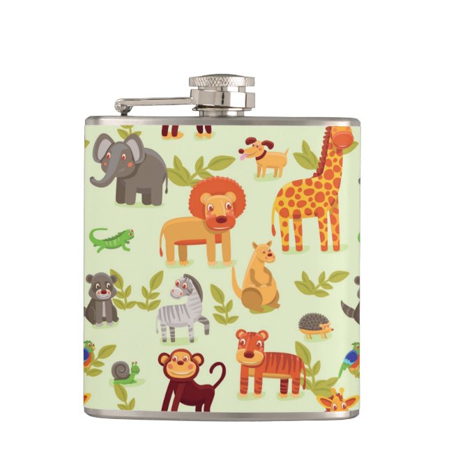Pattern With Cartoon Animals Hip Flask (Front)