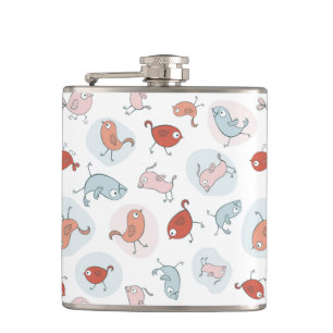 pattern with cartoon birds hip flask