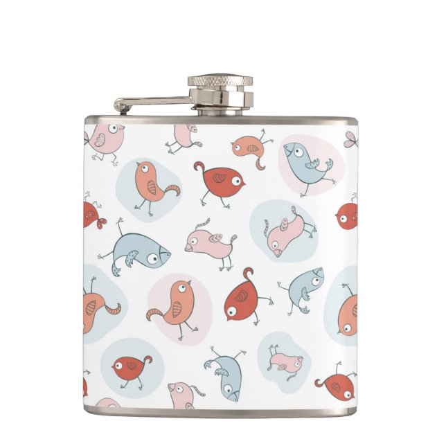 pattern with cartoon birds hip flask (Front)