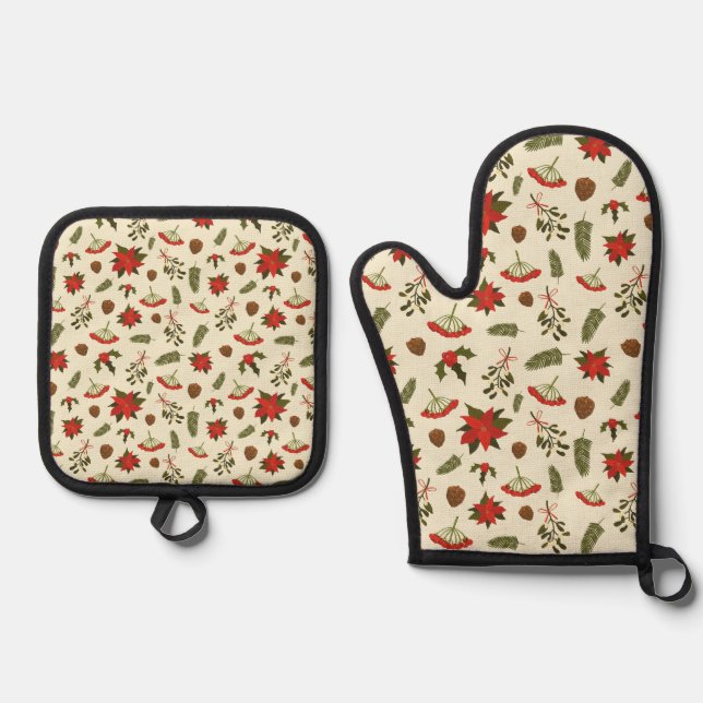 Pattern with Christmas Motifs Oven Mitt & Pot Holder Set (Front)