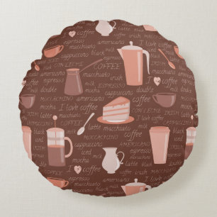 Pattern with coffee related elements round cushion