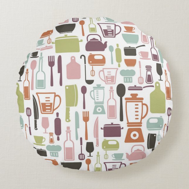 Pattern with colourful cooking icons round cushion (Front)