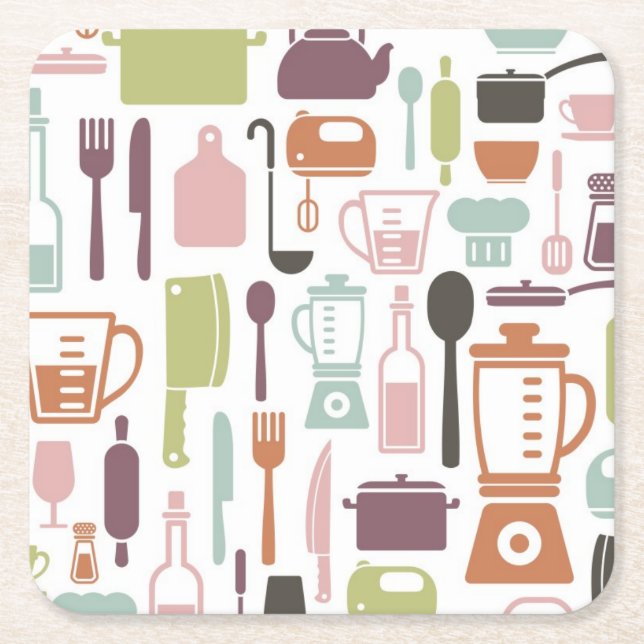 Pattern with colourful cooking icons square paper coaster (Front)