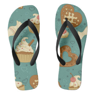 Pattern with cupcakes and candies flip flops