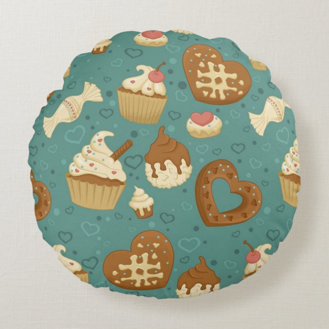 Pattern with cupcakes and candies round cushion (Front)