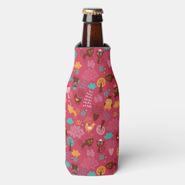 Pattern with cute birds and cats bottle cooler (Bottle Front)