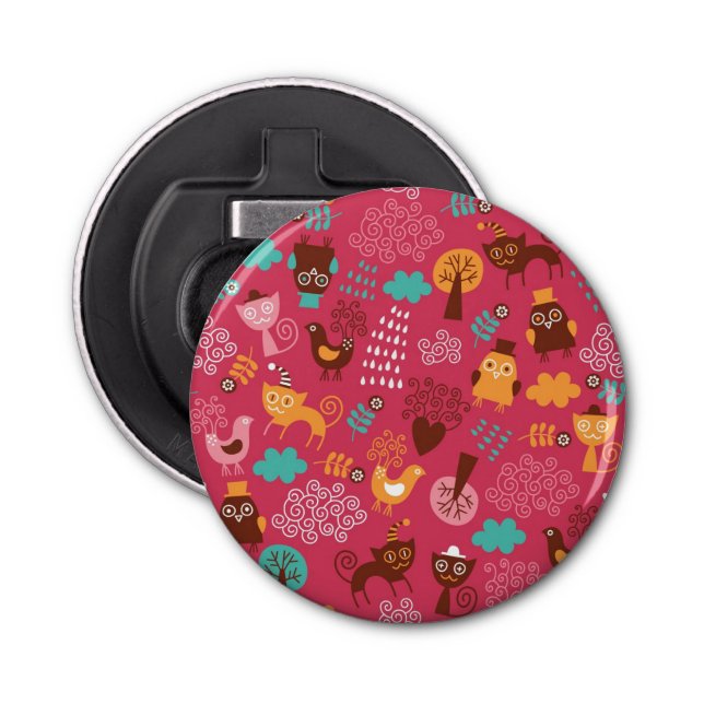 Pattern with cute birds and cats bottle opener (Front)
