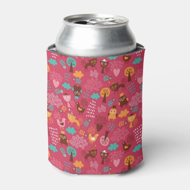 Pattern with cute birds and cats can cooler (Can Front)