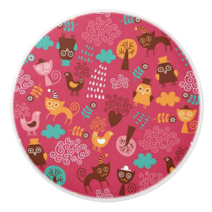 Pattern with cute birds and cats ceramic knob