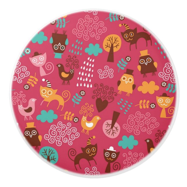 Pattern with cute birds and cats ceramic knob (Front)