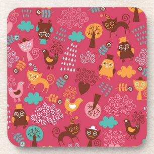 Pattern with cute birds and cats coaster