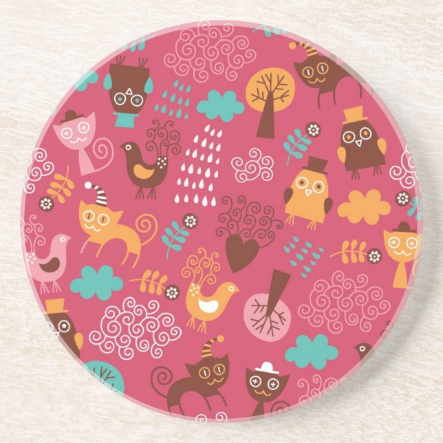 Pattern with cute birds and cats coaster (Front)