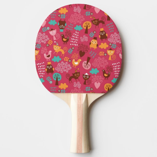 Pattern with cute birds and cats ping pong paddle (Front)