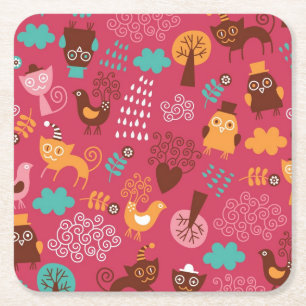 Pattern with cute birds and cats square paper coaster