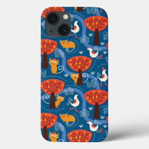 pattern with cute cats and birds iPhone 13 case