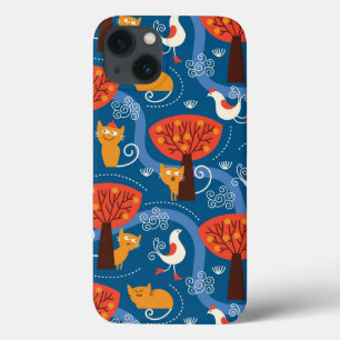 pattern with cute cats and birds iPhone 13 case