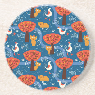 pattern with cute cats and birds coaster
