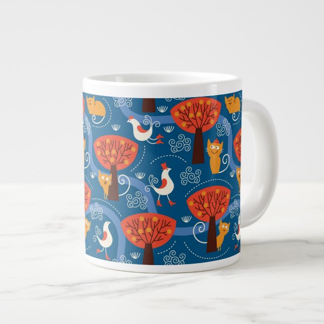 pattern with cute cats and birds large coffee mug (Front Right)