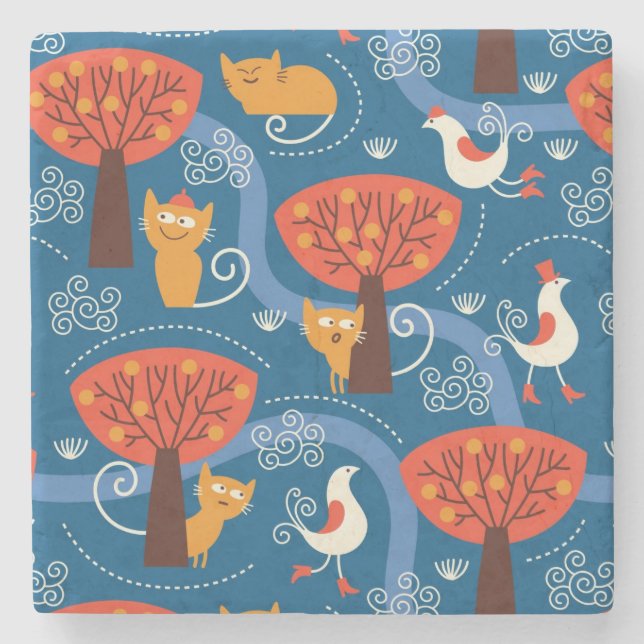 pattern with cute cats and birds stone coaster (Front)