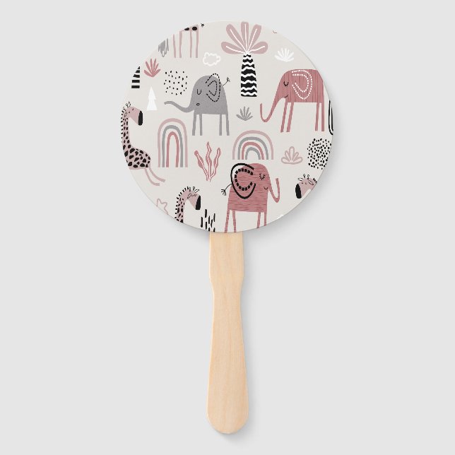 pattern with cute elephants and giraffes giant hand fan (Front)