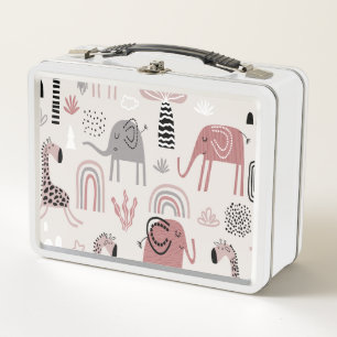 pattern with cute elephants and giraffes giant metal lunch box